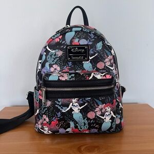 Loungefly Black The Little Mermaid Floral Mini Backpack with Pink & Blue Accents